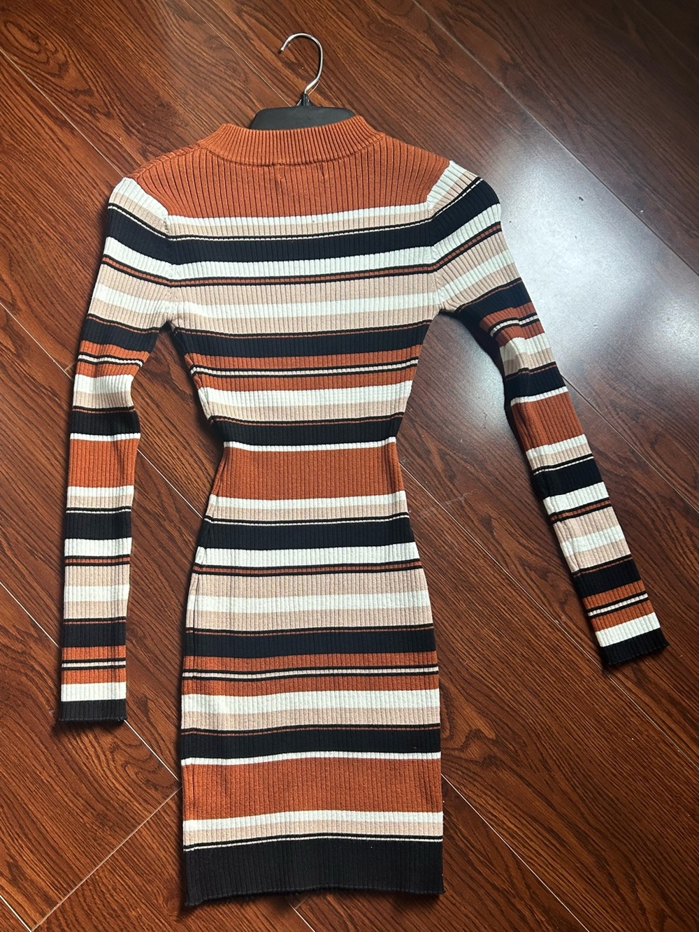 Say What? Rust, Black & Cream Striped Rib-Knit Long Sleeve Dress - Picture 2 of 3